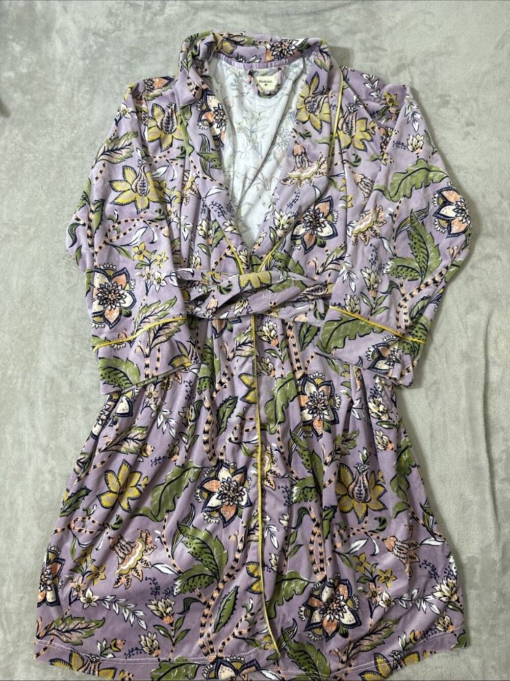 World Market floral plush robe lavender green yellow boho tie waist O/S